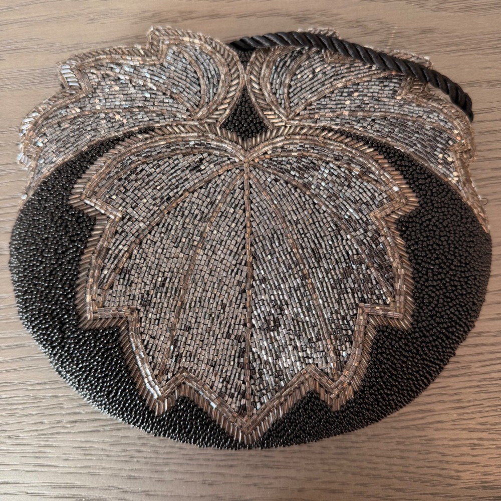 VTG Beaded Leaf Evening Bag Black Silver Crossbody Purse Art Deco Wedding 20s 40